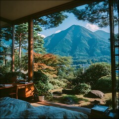 Serene Retreat with Mountain View: A cozy, sun-drenched room offers a breathtaking view of a majestic mountain, inviting peace and introspection.