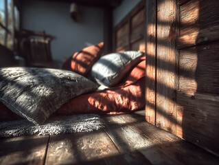 Sunlit Relaxation Corner:  A cozy corner bathed in warm sunlight, featuring a stack of soft, textured cushions on a wooden floor, creating a serene and inviting atmosphere.