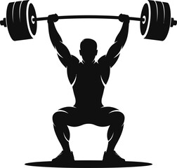 Naklejka premium Weightlifter Silhouette Illustration Black Vector Art Showing Athlete Lifting Barbell in Squat Position on Transparent Background for Fitness
