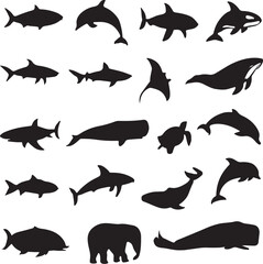 PrintCollection of black silhouettes of marine animals and an elephant