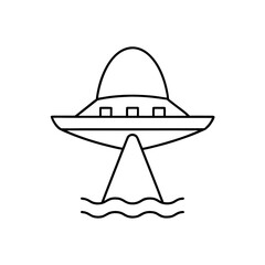 Outline drawing of a ufo over the water on transparent background