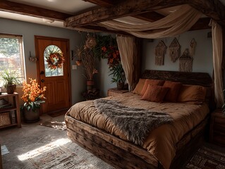 Rustic Bedroom Interior: A beautifully adorned bedroom features a wooden bed frame, earthy tones, and an inviting atmosphere. The room is illuminated by natural light.