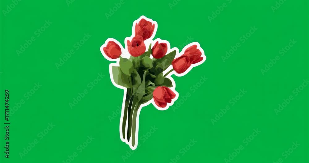 Poster after appearing at center red tulip bouquet rising, tilting clockwise looping on transparent canvas
