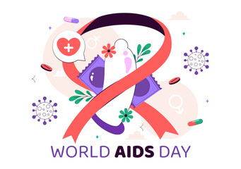 World AIDS Day Vector Illustration on December 1 featuring a Red Ribbon Symbol to Raise Awareness of the AIDS Epidemic in a Flat Style Background