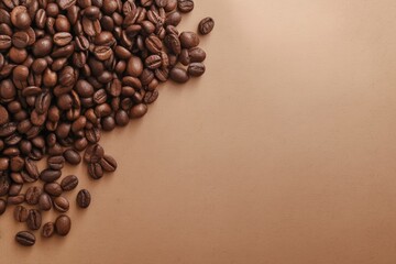 Roasted coffee beans forming a corner frame on a brown background with copy space, ideal for cafes and coffee shops