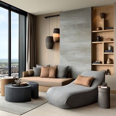 Serene Modern Interior: A sophisticated living space featuring neutral tones, sleek furnishings, and expansive windows, offering a blend of comfort and contemporary design.