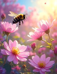 Bee in a field of pink flowers