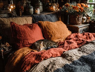 Cozy Slumber: A domestic tabby cat enjoys a peaceful afternoon nap amongst a collection of soft pillows and a quilt, embodying the essence of comfort and home.