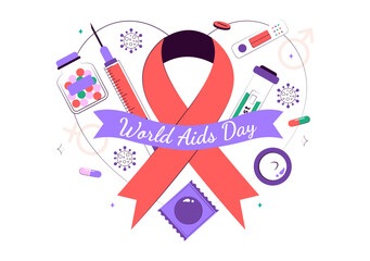 World AIDS Day Vector Illustration on December 1 featuring a Red Ribbon Symbol to Raise Awareness of the AIDS Epidemic in a Flat Style Background