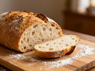Artisan Bread Loaf, Sliced with One Slice Cut, Flour Dust on Board