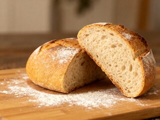 Freshly Baked Bread Loaf, Sliced Open, Flour Dust on Wooden Board
