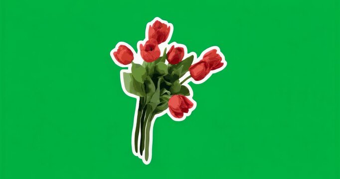 After appearing at center red tulip bouquet rising, tilting clockwise looping on transparent canvas