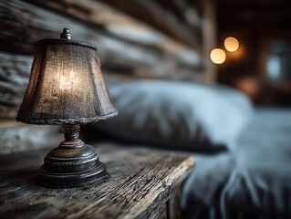 Vintage bedside lamp on rustic nightstand:  A vintage bedside lamp casting a warm, inviting glow, sits on a rustic wooden nightstand, next to a soft pillow in a cozy, inviting bedroom.  