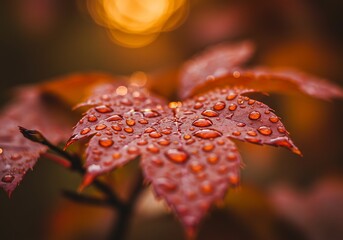 Macro detail of fresh morning dew clinging to the surface of a red autumn leaf, capturing a peaceful moment of tranquility in nature