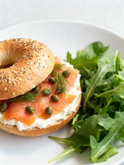 Smoked Salmon Bagel with Cream Cheese, Capers, Dill, and Arugula Salad