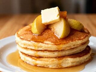 Stack of Fluffy Pancakes with Butter and Caramelized Pears