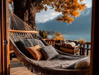 Serene Hammock Retreat: A cozy hammock, adorned with soft pillows, invites relaxation against a backdrop of breathtaking natural beauty, perfect for unwinding and enjoying life's simple pleasures.
