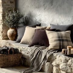 Cozy Corner: Explore a warm, inviting interior scene featuring a collection of plush cushions and textured fabrics arranged upon a stone bench, creating a sanctuary of comfort and relaxation.