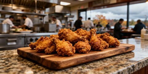 Crispy Golden Brown Fried Chicken on Rustic Wooden Board in Restaurant Kitchen