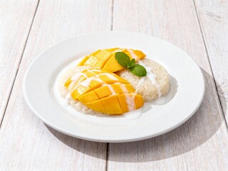 Artistic Mango Sticky Rice with Coconut Drizzle and Mint
