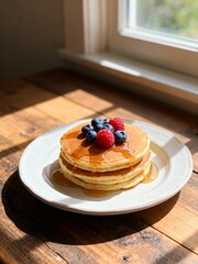 Stack of Fluffy Pancakes with Maple Syrup, Blueberries, and Raspberries