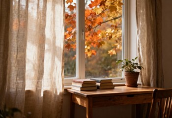 Cozy Desk by Window with Books and Plant, Autumn Leaves Outside