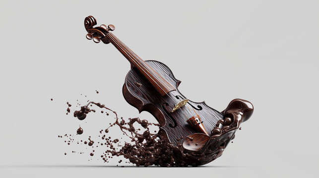 Chocolate violin with splashing chocolate on a gray background, ideal for music themed designs, concert promotions, and creative confectionery concepts.