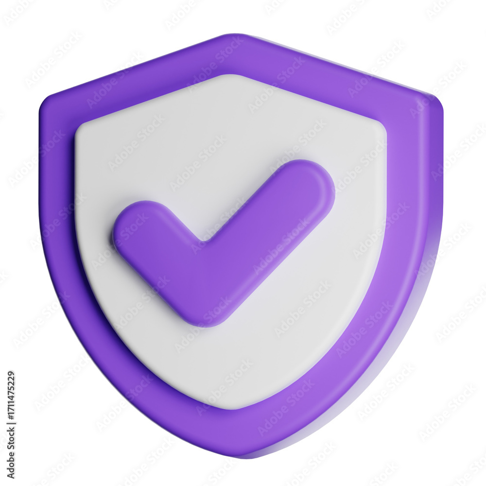 Poster purple shield with check mark on transparent background symbolizing security and protection