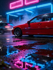 Red Car on Wet Street Under Blue and Pink Neon Lights