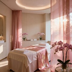 Modern Luxury Spa Treatment Room with Massage Bed and Orchids