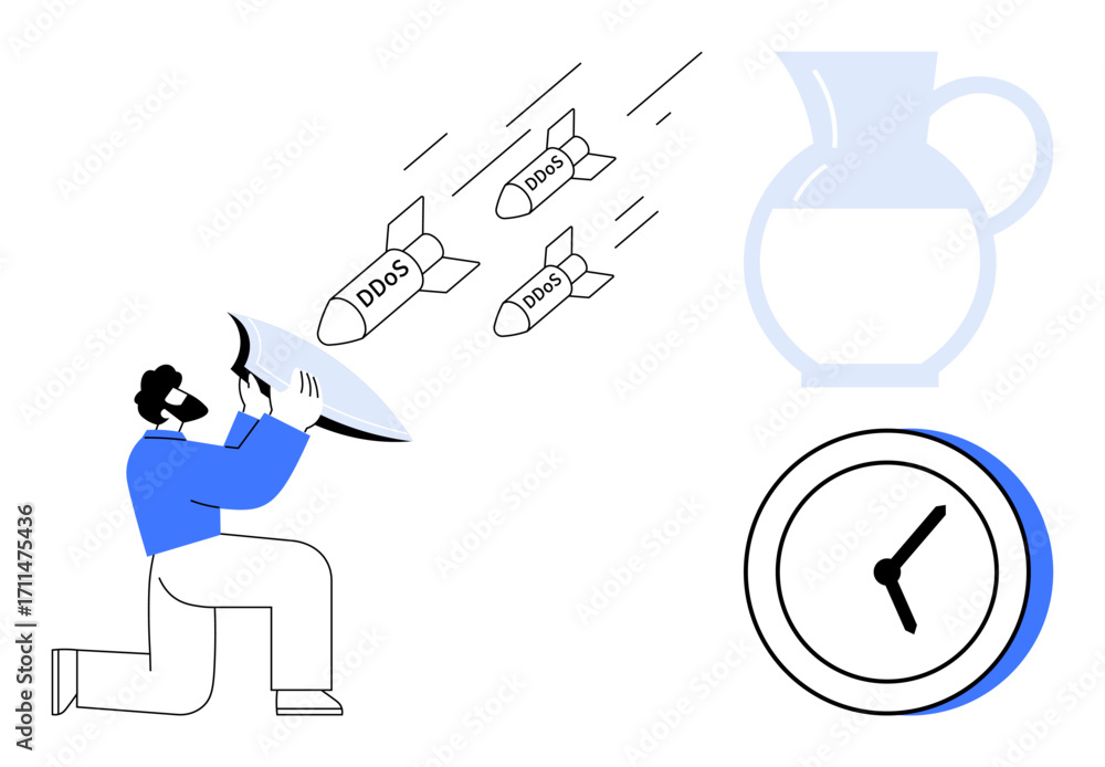 Poster man kneels with shield deflecting ddos missiles, symbolizing cybersecurity. clock and pitcher emphas