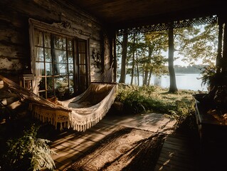 Serene Porch Scene: A cozy porch with a hammock invites relaxation, offering a tranquil view of a shimmering lake through the open window.