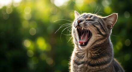 Tabby cat yawning outdoors in sunlight