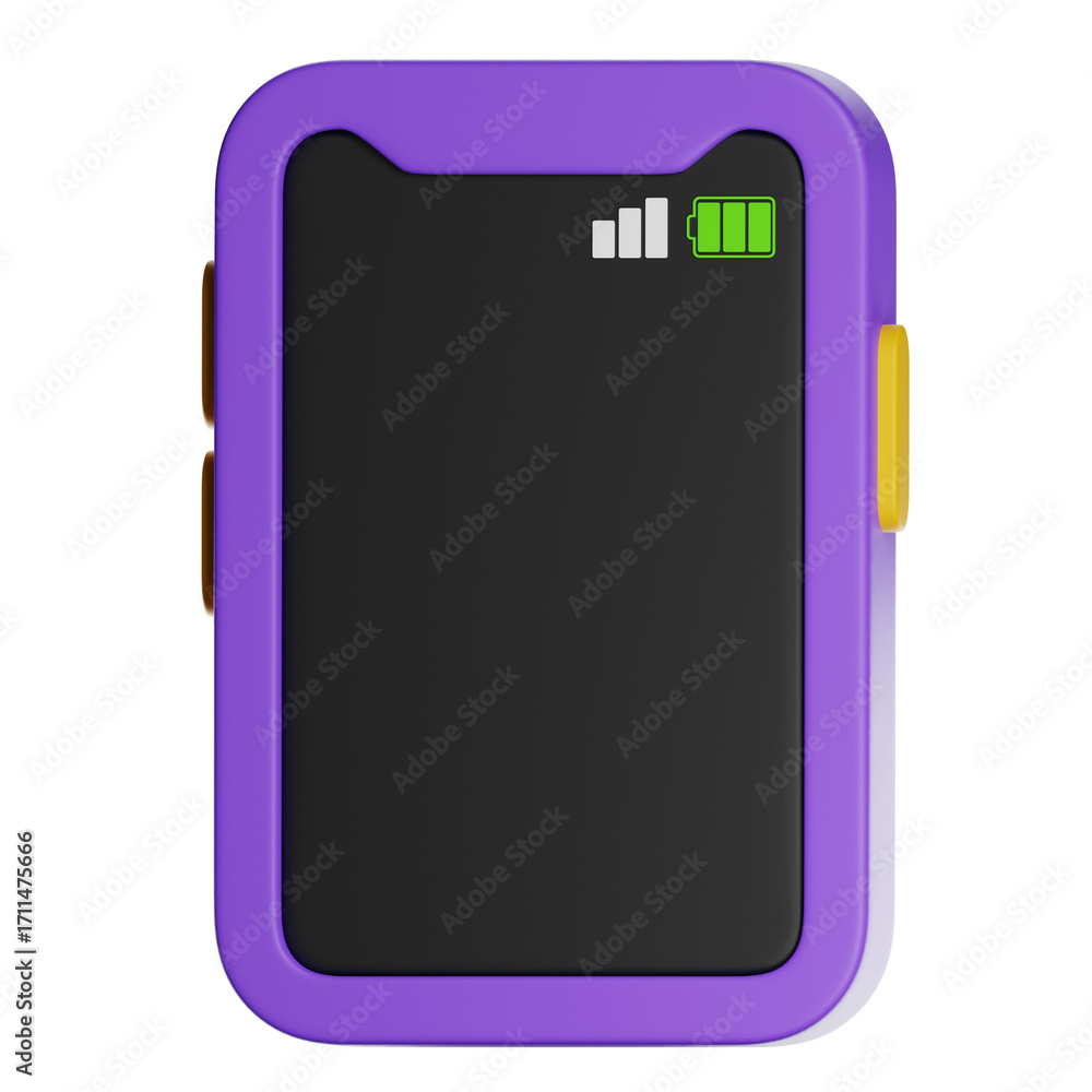 Poster purple smartphone with full battery and signal displaying a blank screen on transparent background