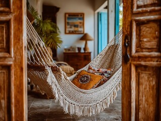 Serene Hammock Retreat: A cozy, sun-drenched hammock beckons, nestled within a rustic, inviting room, offering a glimpse of relaxation and tranquility.