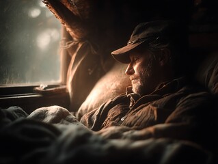 Serene Contemplation: A thoughtful individual enjoys a moment of solitude, nestled indoors, lost in introspection and quiet reflection