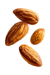 Floating roasted almonds isolated on transparent background