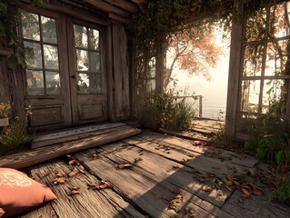 Rustic Porch with a Scenic View: A sun-drenched, antique porch with a breathtaking vista; with vintage doors, weathered wood flooring.