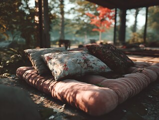 Cushioned Serenity: Close-up of pillows and a lounge chair resting on the garden floor with blur background showing the natural scene.