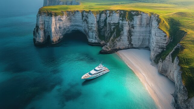 Aerial view of a white yacht docked at a secluded beach along the turquoise waters of the French south coast, surrounded by vibrant green cliffs and stunning sandy shores