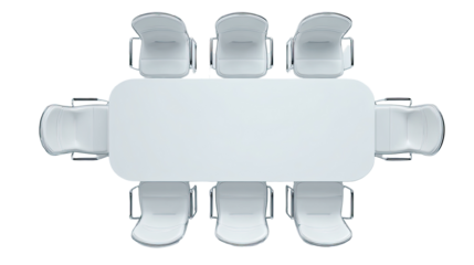 Overhead view of a light gray rectangular table with eight white chairs