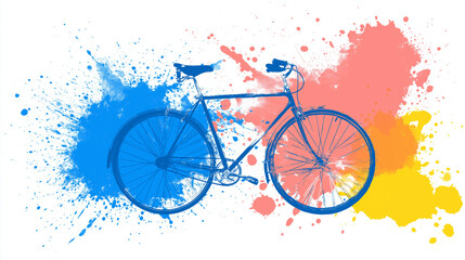 Bold and vibrant image of a blue bicycle against a backdrop of colorful paint splashes. Perfect for travel or lifestyle themed designs.
