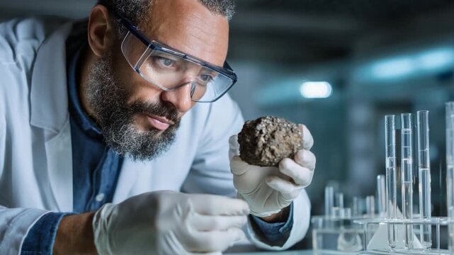 Geologist in Lab Examining a Rock Sample: A focused geologist, clad in a lab coat and safety glasses, intently examines a rock sample in a modern laboratory setting.