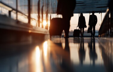 Fototapeta premium Businesspeople walking through an airport terminal at sunset, carrying luggage and creating silhouettes against the warm evening light