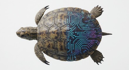 Minimal turtle shell, half organic, half digital circuit design, isolated composition with clean text space