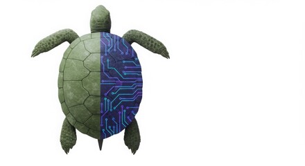Minimal turtle shell, half organic, half digital circuit design, isolated composition with clean text space