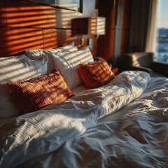 Luxury hotel suite with sunlight streaming: Capture the elegance and comfort of a luxury hotel room bathed in the warmth of sunlight.