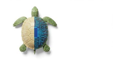 Minimal turtle shell, half organic, half digital circuit design, isolated composition with clean text space