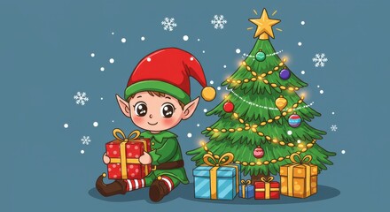 Naklejka premium A cheerful christmas elf holds a gift, surrounded by a decorated christmas tree and presents.