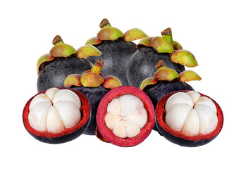 group of fresh mangosteen fruit with white and red segments